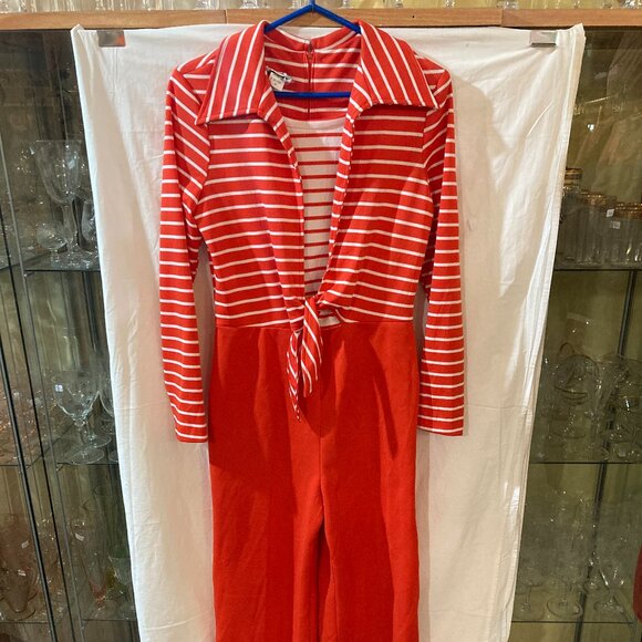 vtg Mélissa Lane sailor polyester red/white stripes womens jumpsuit size 14 - Picture 1 of 8